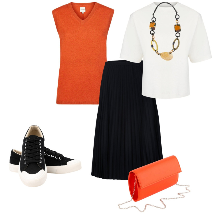 Outfit donna - In ufficio in arancione. per Ufficio. Abbinamento con gonne longuette, maglieria, sneakers, t-shirt, pochette, collane.