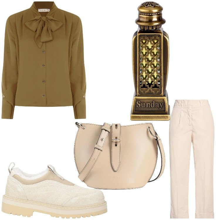 Outfit donna - Fiocchi e profumi. Stile Casual chic per Ufficio. Abbinamento con pantaloni, borse a tracolla, mocassini, profumi, bluse.