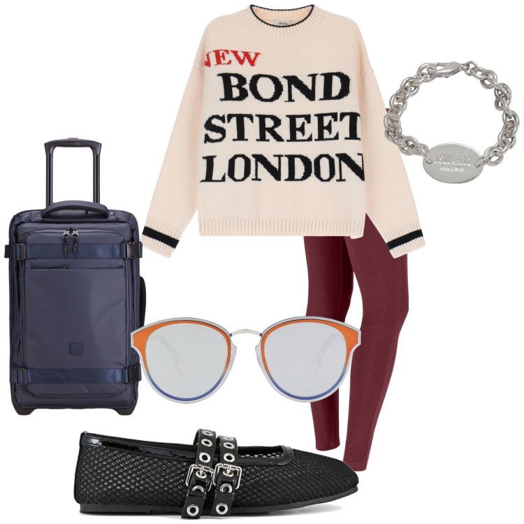 Outfit donna - Towards London. Stile Trendy per Tutti i giorni. Abbinamento con braccialetti, occhiali da sole, pantaloni skinny, maglieria, ballerine, valigie.