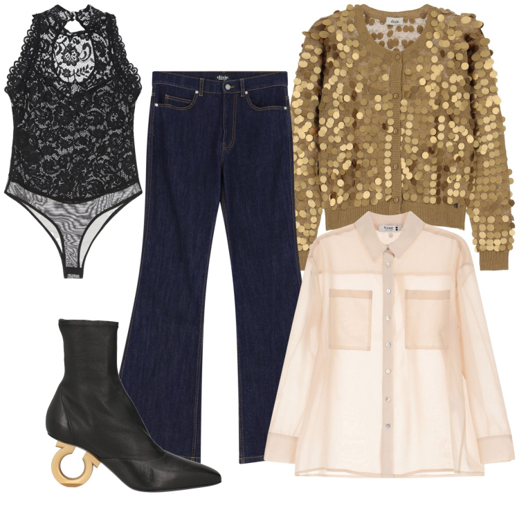 Outfit donna - Adoro lingerie. Stile Glamour per Serata fuori. Abbinamento con stivaletti, camicie, body, jeans a zampa, cardigans.