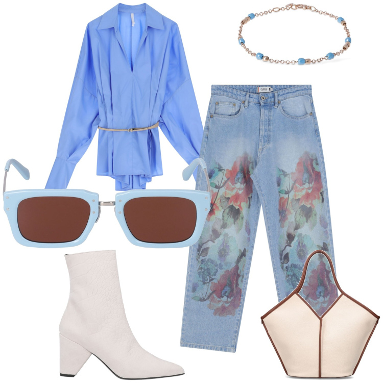 Outfit donna - Il jeans pennellato. Stile Sporty chic per Tutti i giorni. Abbinamento con stivaletti, jeans dritti, camicie, shopping bag, braccialetti, occhiali da sole.