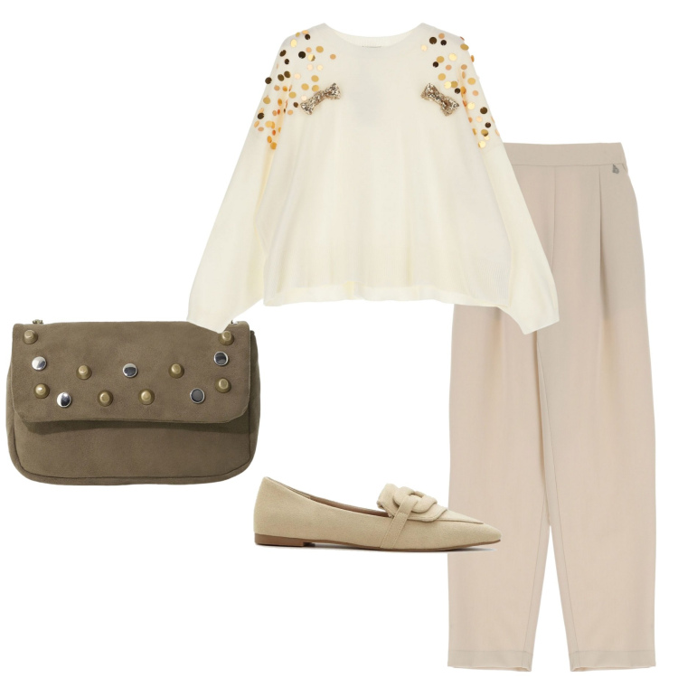 Outfit donna - In ufficio. Stile Casual chic per Ufficio. Abbinamento con mocassini, maglieria, pantaloni, borse a tracolla.