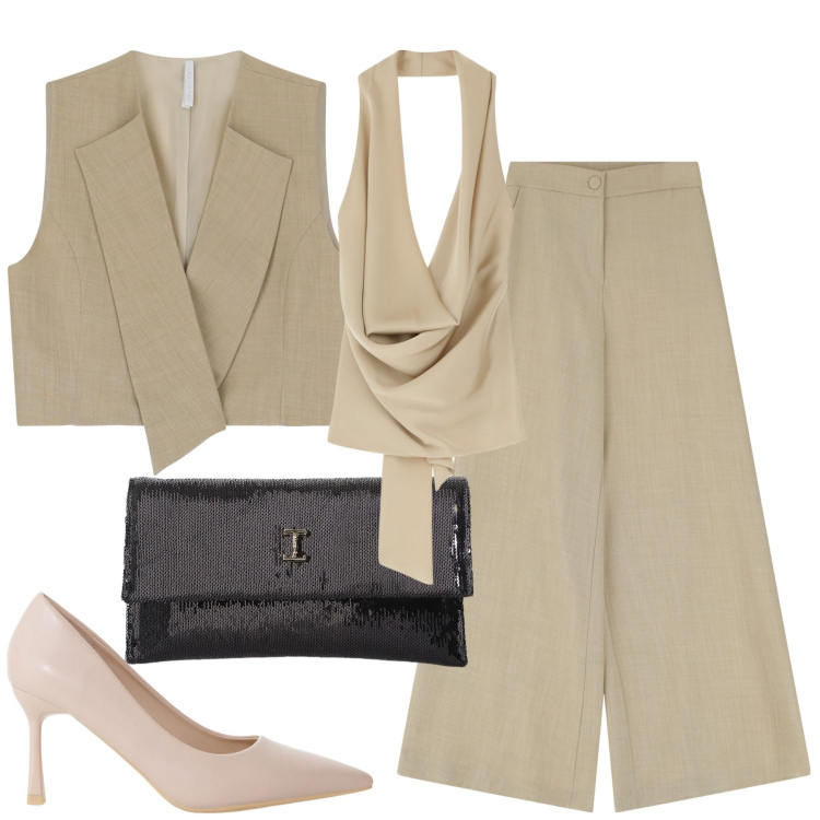 Outfit donna - Chic. Stile Trendy per Tutti i giorni. Abbinamento con décolleté, borse a tracolla, top, pantaloni, gilet.