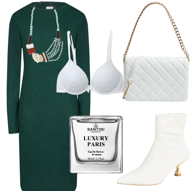 Outfit donna - White is luxury. Stile Bon Ton per Ufficio. Abbinamento con profumi, stivaletti, reggiseni push-up, borse a tracolla, vestiti midi/longuette, collane.
