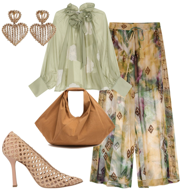 Outfit donna - Glam. Stile Glamour per Serata fuori. Abbinamento con décolleté, pantaloni a palazzo, bluse, orecchini, borse a spalla.