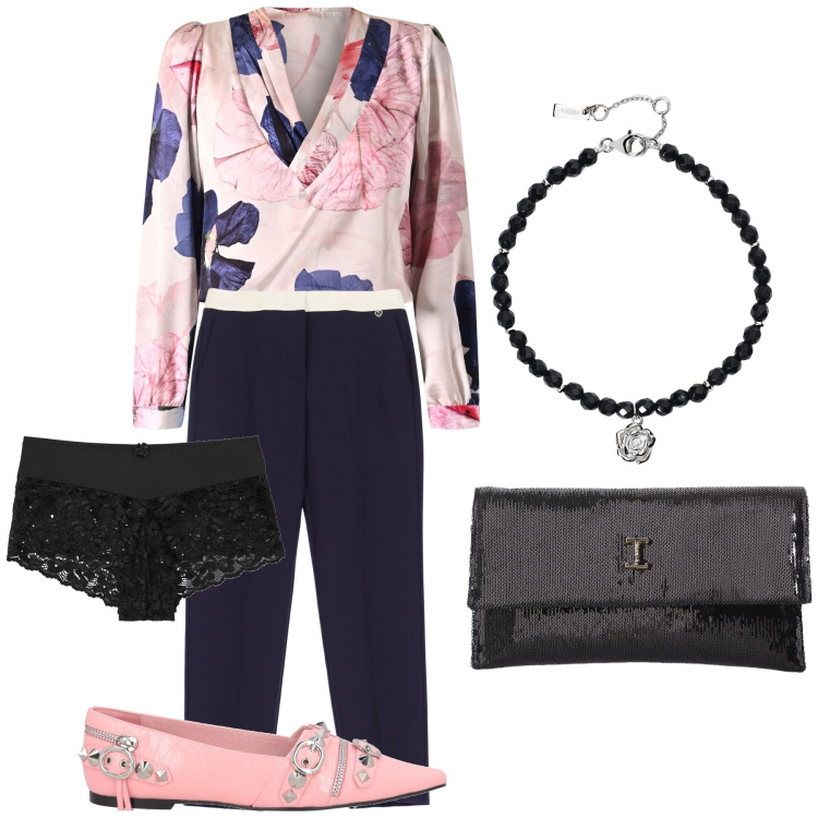 Outfit donna - A cena con colleghi. Stile Glamour per Serata fuori. Abbinamento con culotte, ballerine, bluse, braccialetti, pantaloni, borse a tracolla.