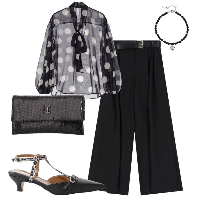Outfit donna - Serata. Stile Chic per Serata fuori. Abbinamento con braccialetti, bluse, décolleté, borse a tracolla, pantaloni a palazzo.