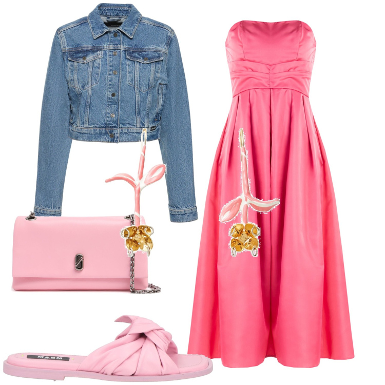 Outfit donna - Romanticismo in jeans. Stile Romantica per Serata fuori. Abbinamento con orecchini, sandali in pelle, vestiti midi/longuette, blazer, pochette.