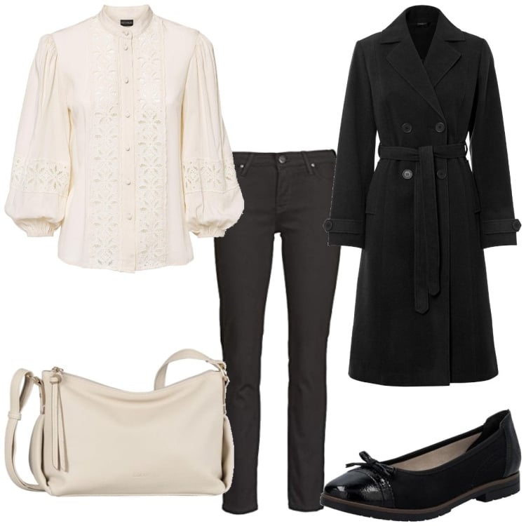 Outfit femme - Avril pluvieux mais charmant. Style Basique pour Tous les jours. Assortir avec tuniques, imperméable, ballerines, jeans, sacs en bandoulière.