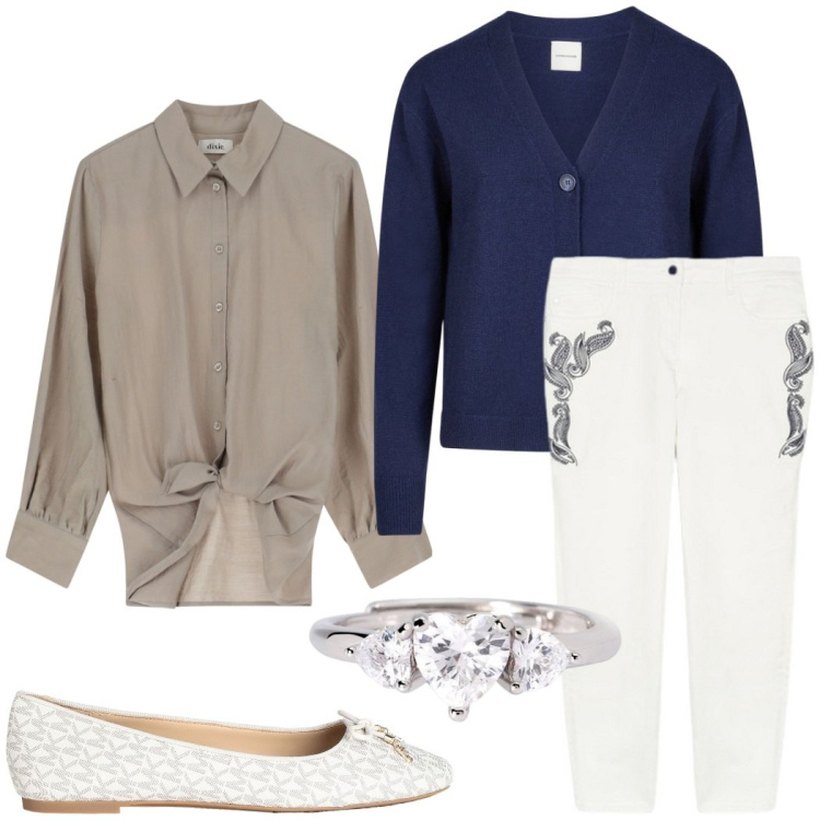 Outfit donna - Total look #2089032. Stile Casual chic per Ufficio. Abbinamento con ballerine, anelli, camicie, pantaloni, cardigans.