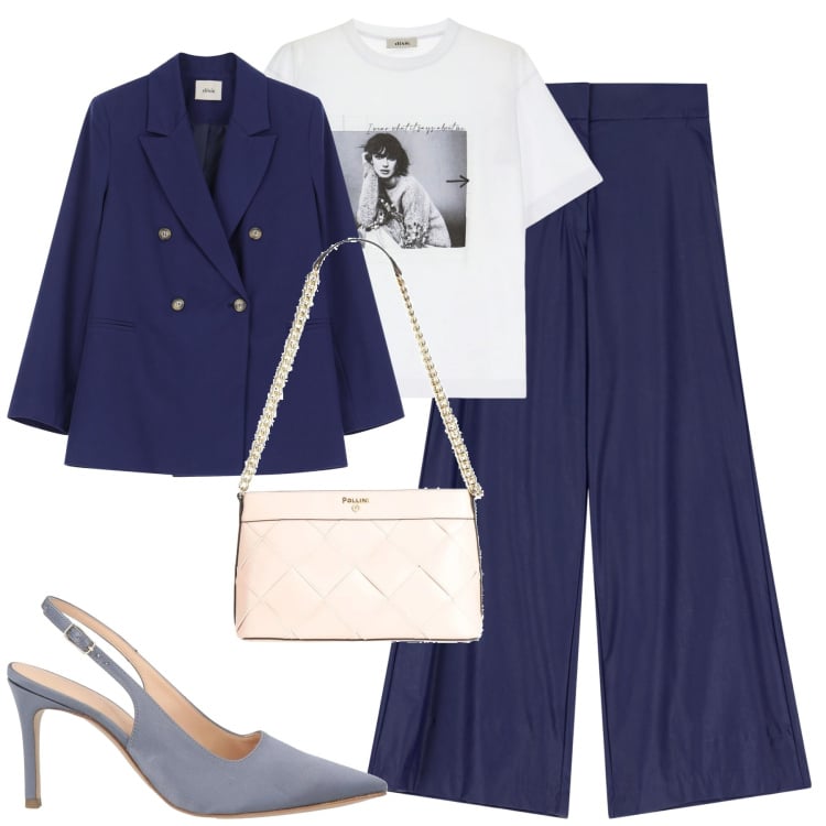 Outfit donna - City. Stile Urban per Tutti i giorni. Abbinamento con décolleté, borse a spalla, blazer, pantaloni a palazzo, t-shirt.