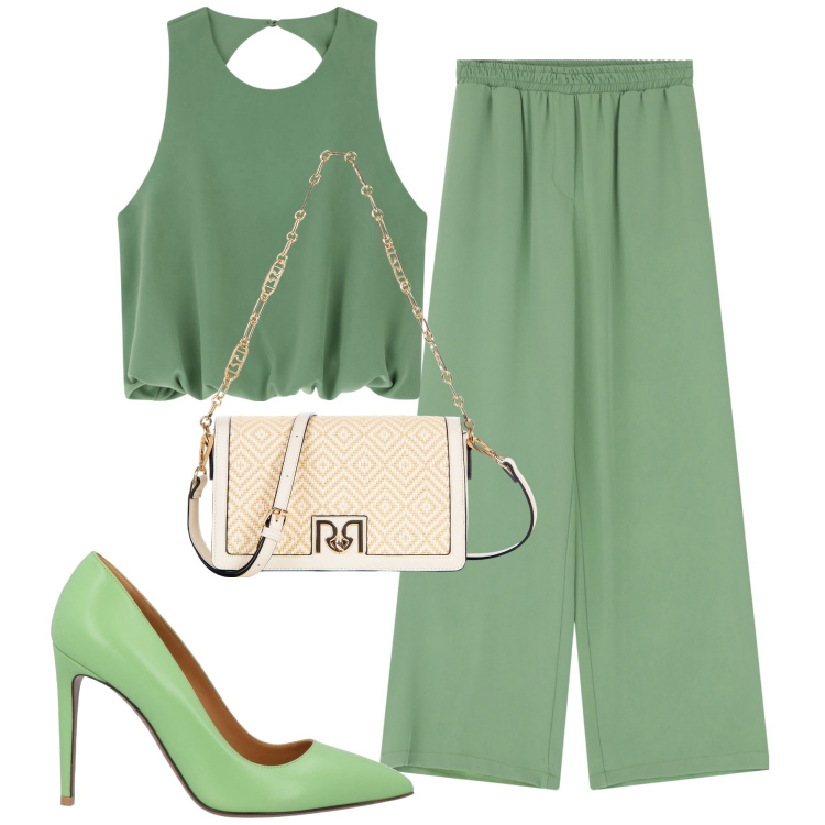 Outfit donna - Glam in verde. Stile Chic per Tutti i giorni. Abbinamento con décolleté, borse a spalla, pantaloni a palazzo, top.