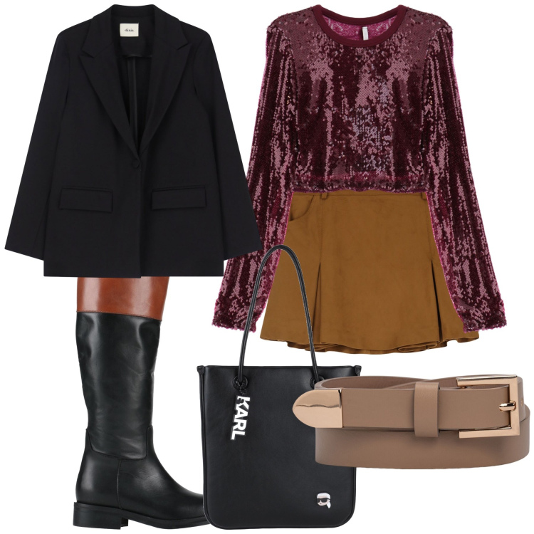 Outfit donna - Total look. Stile Trendy per Ufficio. Abbinamento con stivali, borse a spalla, minigonne, t-shirt, blazer, cinture.