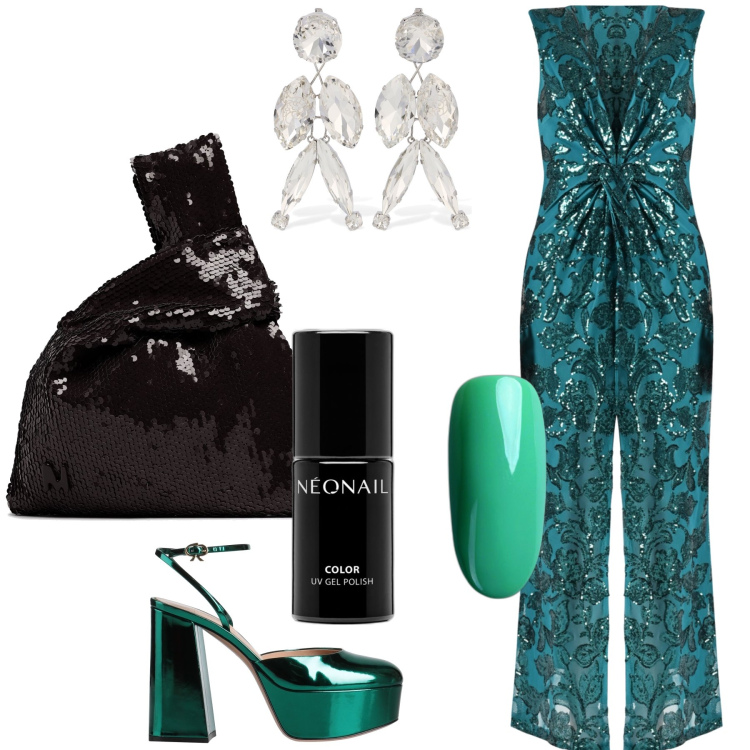 Outfit donna - Smeraldi e diamanti. Stile Glamour per Serata fuori. Abbinamento con décolleté, smalti, vestiti lunghi, orecchini, pochette.