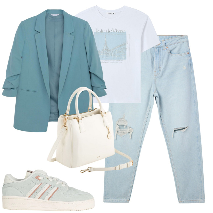 Outfit donna - Casual chic. Stile Casual chic per Tutti i giorni. Abbinamento con sneakers, jeans mom, t-shirt, blazer, borse a mano.