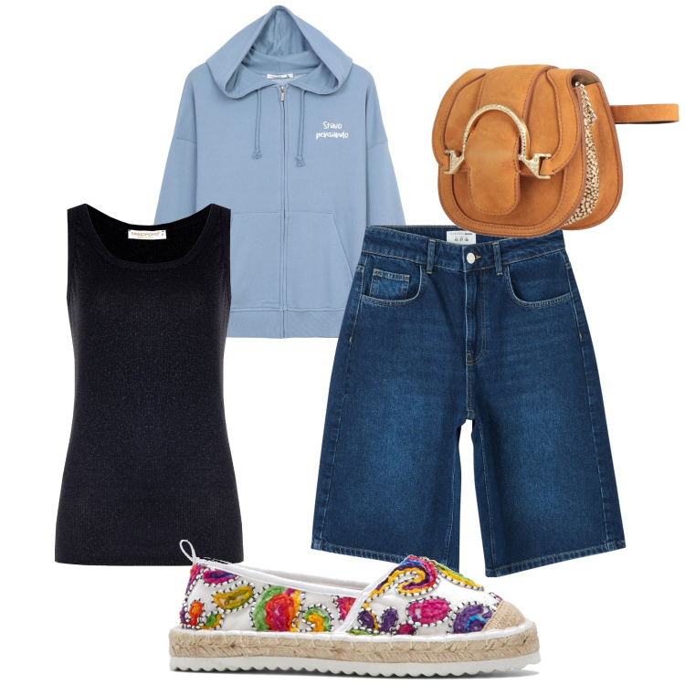 Outfit donna - La felpa per passeggiare. Stile Casual per Tutti i giorni. Abbinamento con espadrillas, marsupi, bermuda, felpe con cappuccio, canottiere.