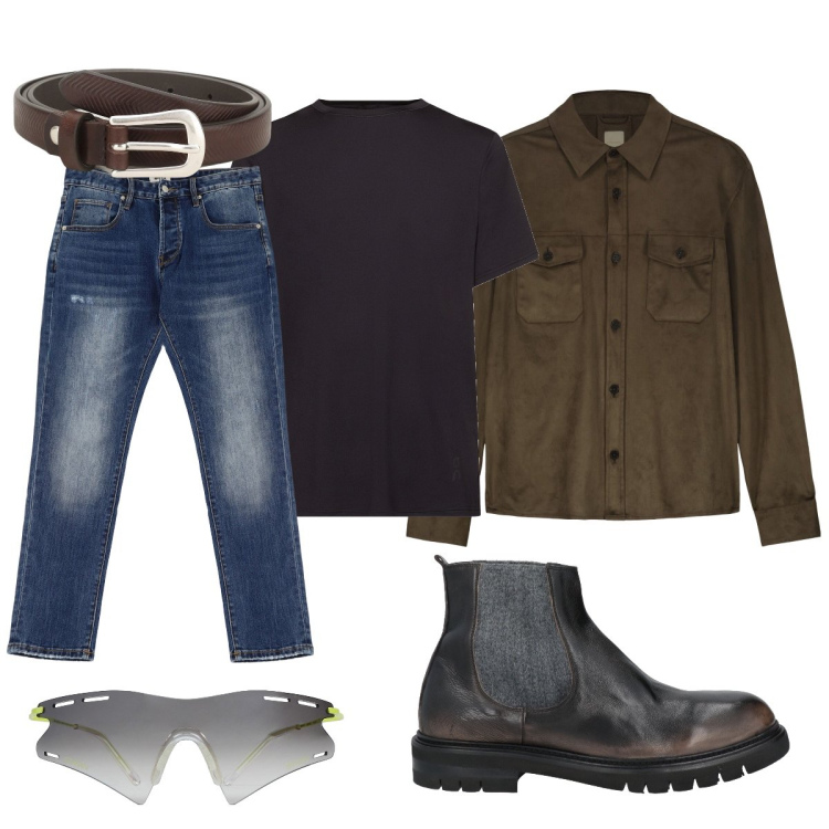 Outfit uomo - Total look #2089044. Stile Urban per Tutti i giorni. Abbinamento con occhiali da sole, stivali e stivaletti, cinture, jeans dritti, giacche, t-shirt.