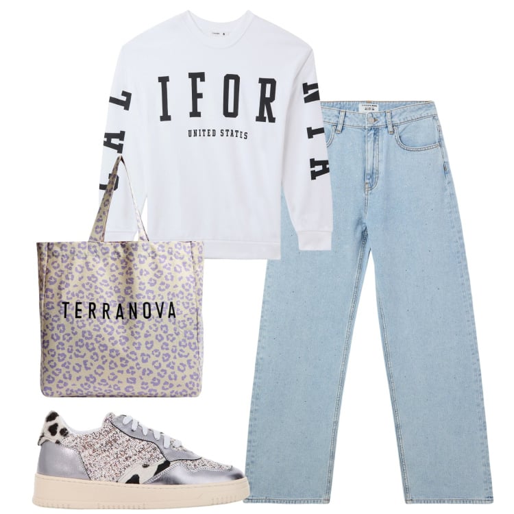 Outfit donna - City. Stile Casual per Tutti i giorni. Abbinamento con jeans, shopping bag, felpe, sneakers.
