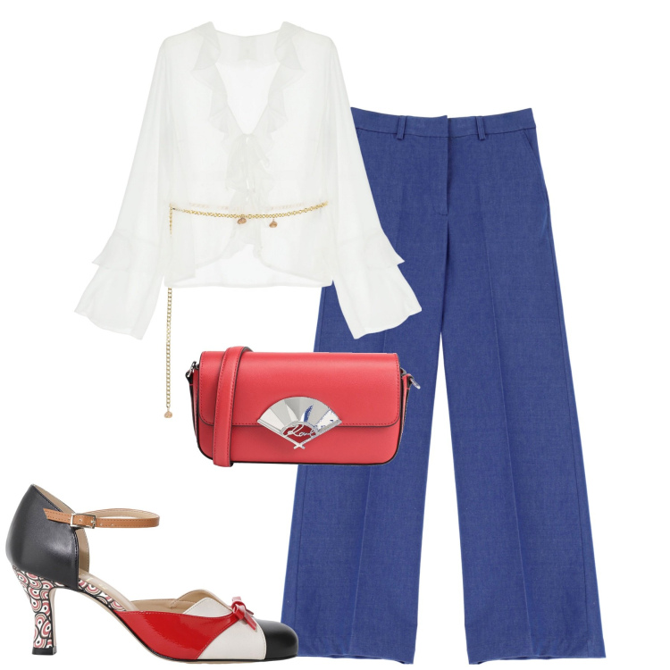 Outfit donna - Marzo. Stile Urban per Tutti i giorni. Abbinamento con borse a tracolla, pantaloni a palazzo, bluse, décolleté.