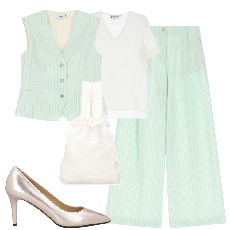 Outfit donna - City. Stile Trendy per Tutti i giorni. Abbinamento con décolleté, gilet, t-shirt, pantaloni a palazzo, borse a mano.