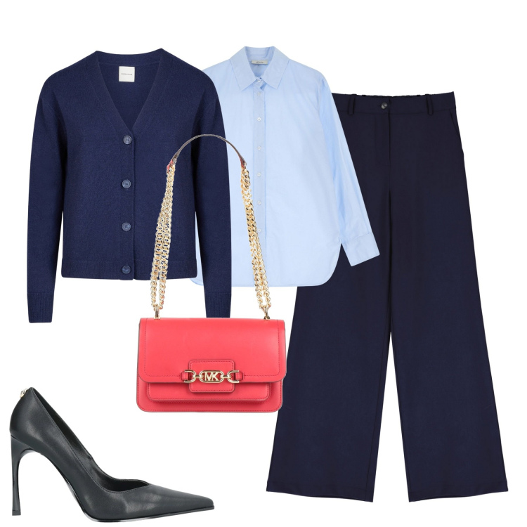 Outfit donna - City. Stile Urban per Tutti i giorni. Abbinamento con borse a spalla, décolleté, camicie, pantaloni a palazzo, cardigans.