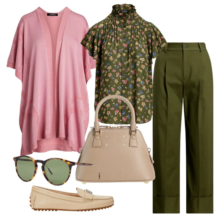Outfit donna - Fiori di marzo. Stile Bon Ton per Tutti i giorni. Abbinamento con borse a mano, occhiali da sole, mocassini, pantaloni, cappe, camicie.