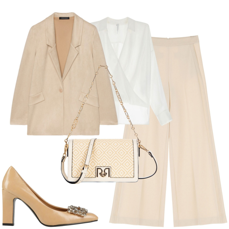 Outfit donna - City. Stile Urban per Tutti i giorni. Abbinamento con décolleté, borse a spalla, bluse, pantaloni a palazzo, blazer.