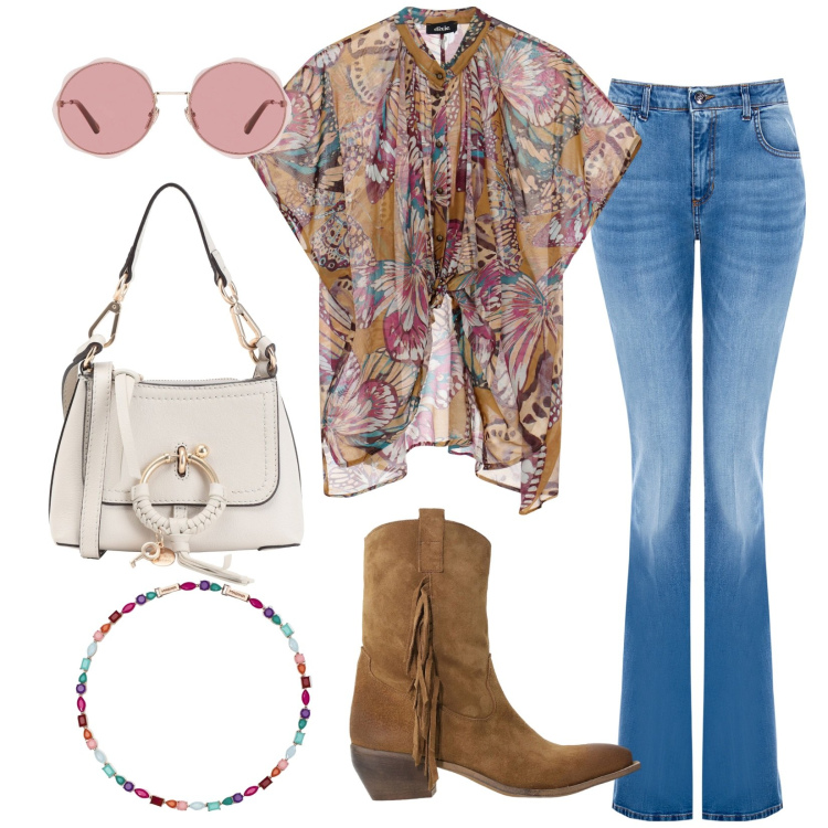 Outfit donna - Gipsy romantica. Stile Boho per Tutti i giorni. Abbinamento con borse a tracolla, occhiali da sole, stivali, camicie a manica corta, collane, jeans a zampa.