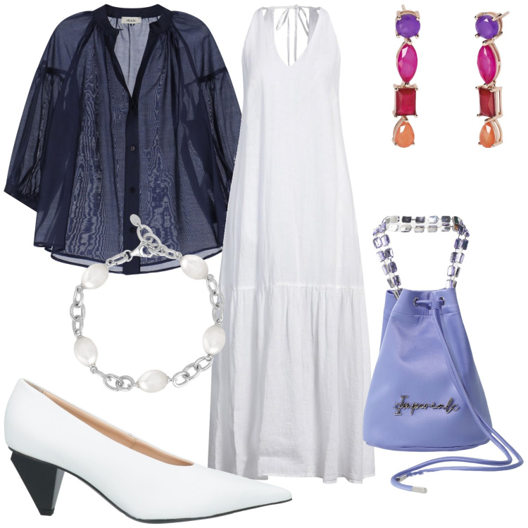 Outfit donna - Sera di mare. Stile Trendy per Serata fuori. Abbinamento con décolleté, vestiti lunghi, braccialetti, orecchini, borse a secchiello, camicie.