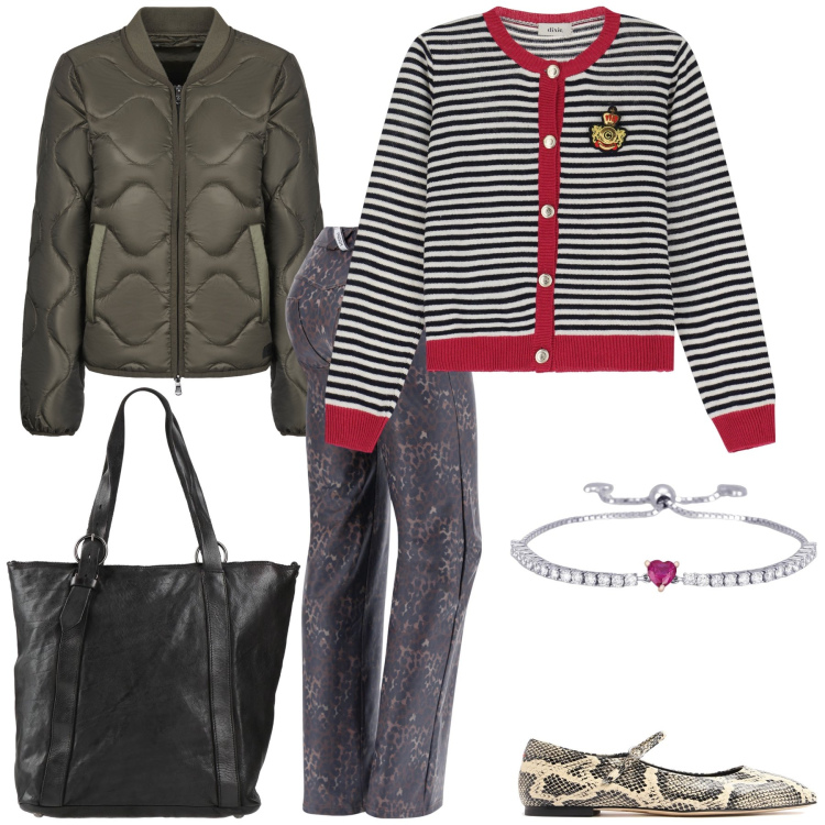 Outfit donna - In centro. Stile Urban per Tutti i giorni. Abbinamento con borse a spalla, braccialetti, pantaloni, cardigans, blazer, ballerine.