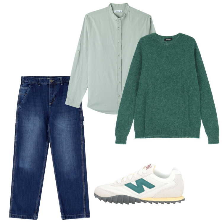Outfit uomo - Verde e denim. Stile Casual per Tutti i giorni. Abbinamento con sneakers, camicie, maglieria, jeans dritti.