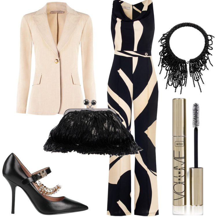 Outfit donna - Cerimonia. Stile Chic per Cerimonia. Abbinamento con décolleté, mascara, tute, blazer, collane, pochette.