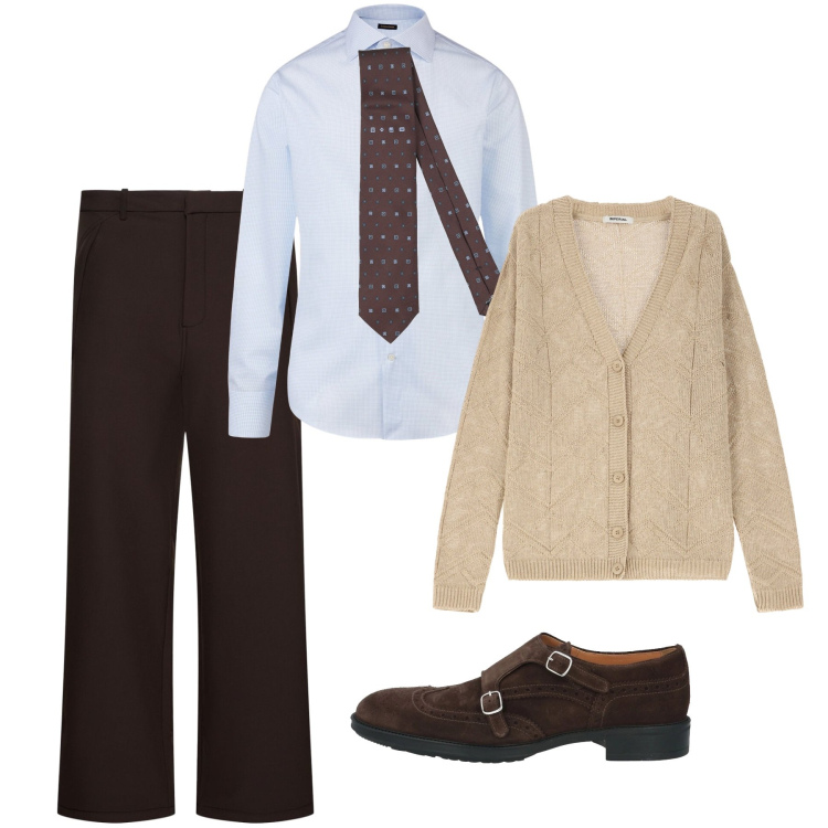 Outfit uomo - Elegante fine settimana. Stile Business/Elegante per Tutti i giorni. Abbinamento con scarpe stringate, cravatte, cardigans, camicie, pantaloni.