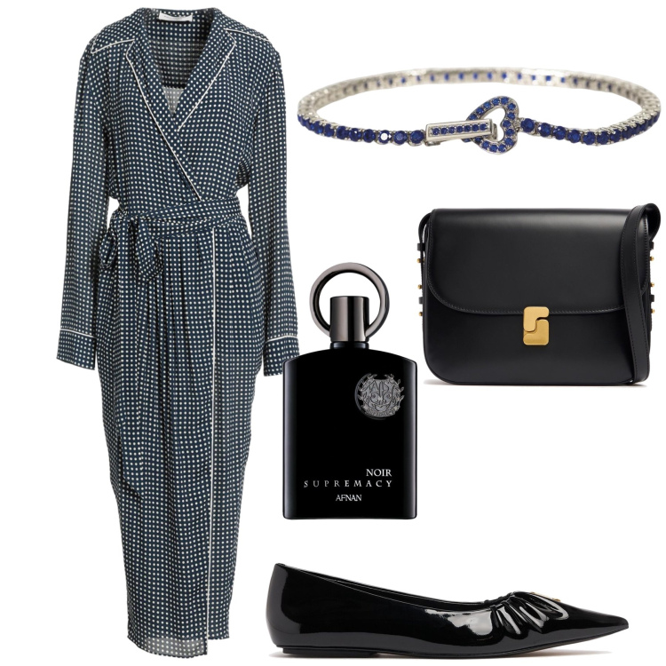 Outfit donna - Abito vestaglia. Stile Glamour per Ufficio. Abbinamento con vestiti lunghi, profumi, braccialetti, ballerine, borse a spalla.