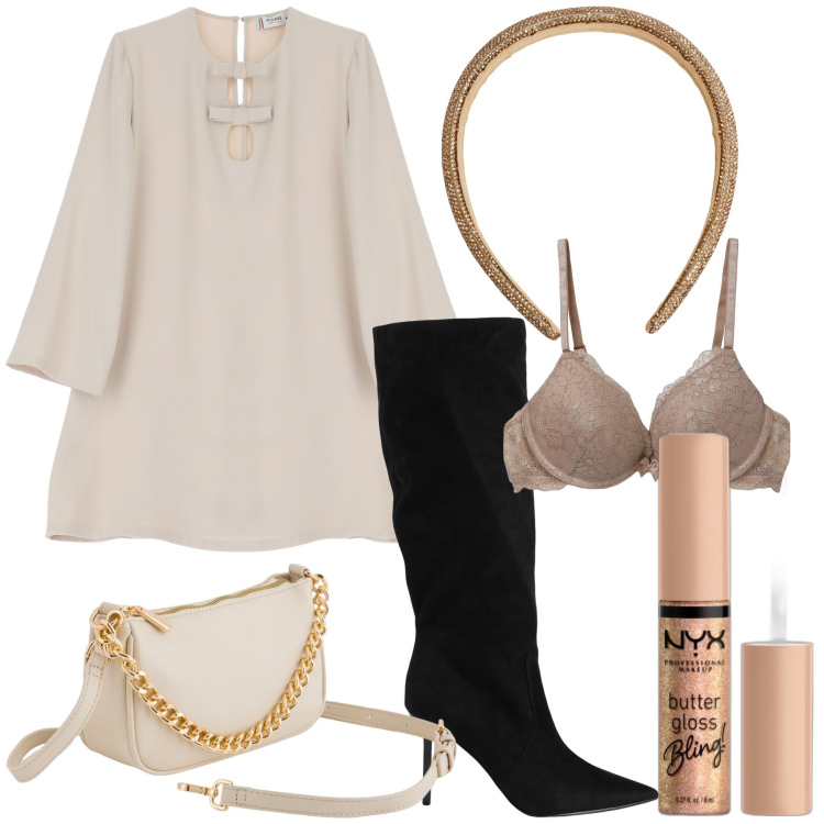 Outfit donna - Lo stivale sexy. Stile Glamour per Serata fuori. Abbinamento con stivali, gloss, cerchietti, reggiseni push-up, vestiti corti, borse a tracolla.