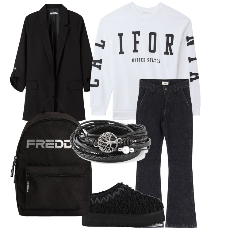 Outfit donna - California. Stile Trendy per Tutti i giorni. Abbinamento con braccialetti, blazer, felpe, zaini, jeans, stivaletti.