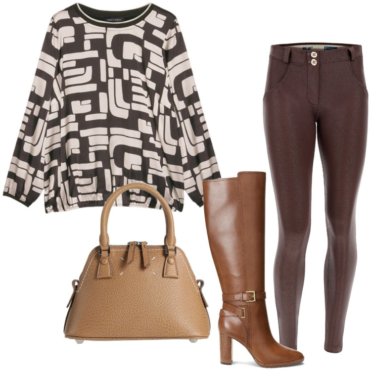 Outfit donna - Total look #2089104. Stile Chic per Ufficio. Abbinamento con borse a mano, stivali, pantaloni skinny, t-shirt.