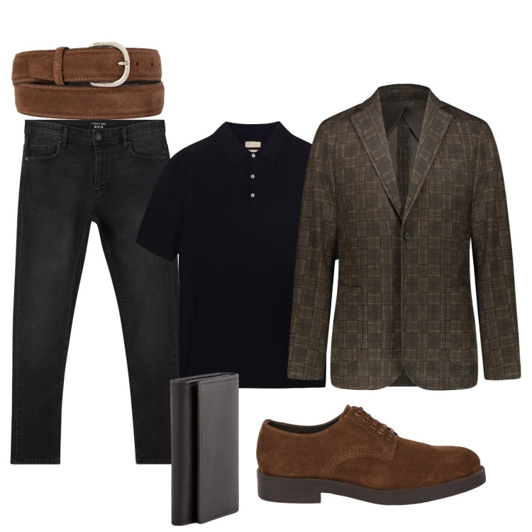 Outfit uomo - Total look #2089105. Stile Trendy per Ufficio. Abbinamento con jeans skinny, giacche, cinture, scarpe stringate, portamonete, polo.