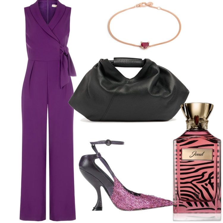 Outfit donna - La tuta del venerdì sera. Stile Glamour per Serata fuori. Abbinamento con décolleté, profumi, tute, braccialetti, borse a mano.