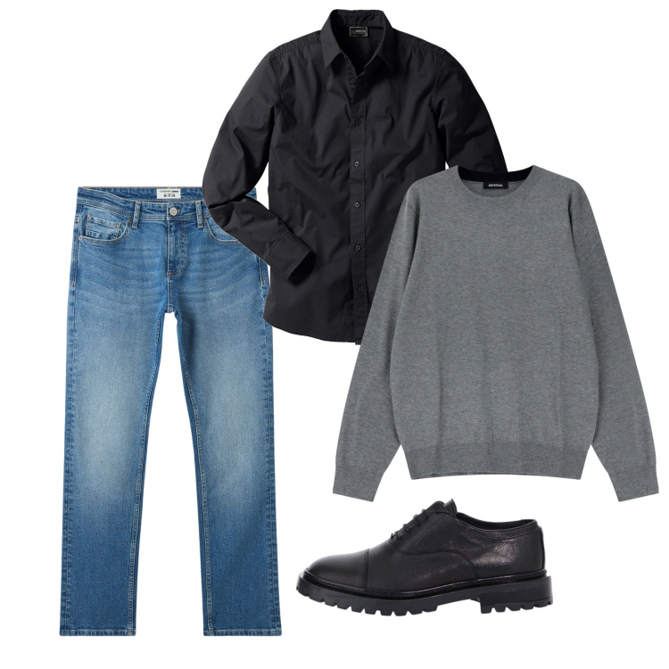 Outfit uomo - Grigio e jeans. Stile Casual per Tutti i giorni. Abbinamento con camicie, jeans, scarpe stringate, maglieria.