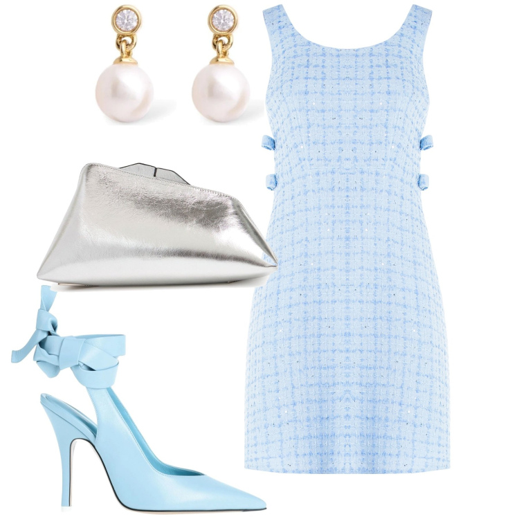 Outfit donna - Chic. Stile Chic per Tutti i giorni. Abbinamento con décolleté, vestiti corti, pochette, orecchini.