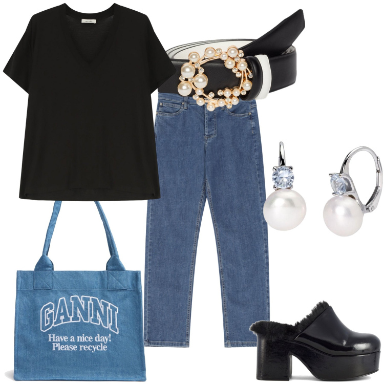 Outfit donna - Stili abbinati. Stile Trendy per Tutti i giorni. Abbinamento con orecchini, jeans dritti, t-shirt, cinture, sabot, shopping bag.