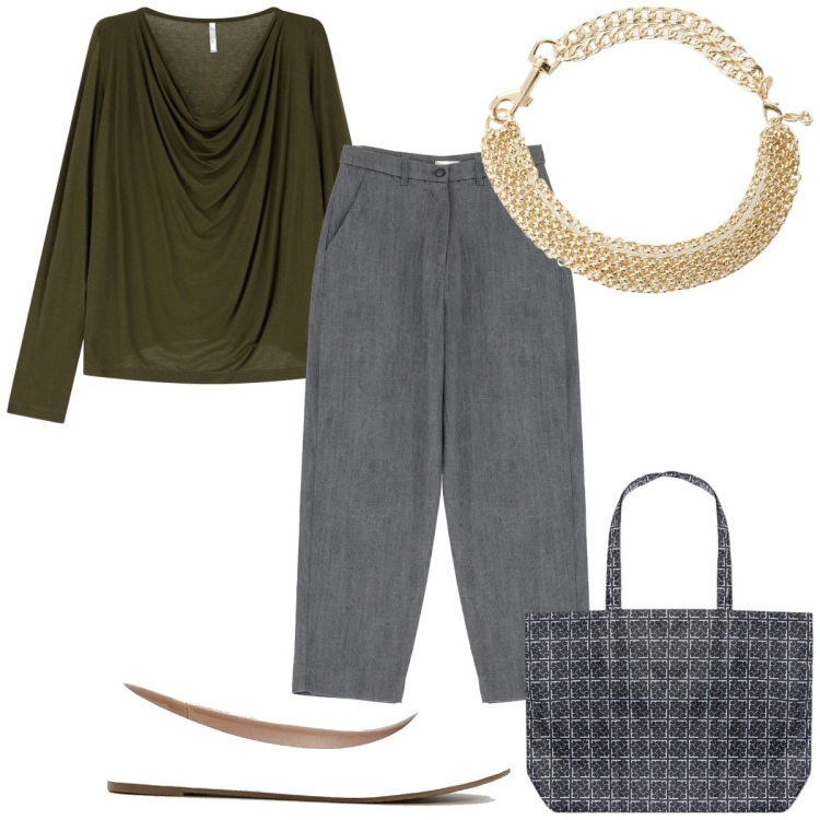 Outfit donna - Total look #2089125. Stile Trendy per Ufficio. Abbinamento con ballerine, pullovers, pantaloni chino, collane, shopping bag.