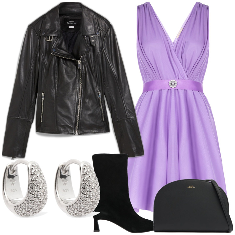 Outfit donna - Lilla I love. Stile Glamour per Serata fuori. Abbinamento con blazer, stivaletti, vestiti, clutch, orecchini.