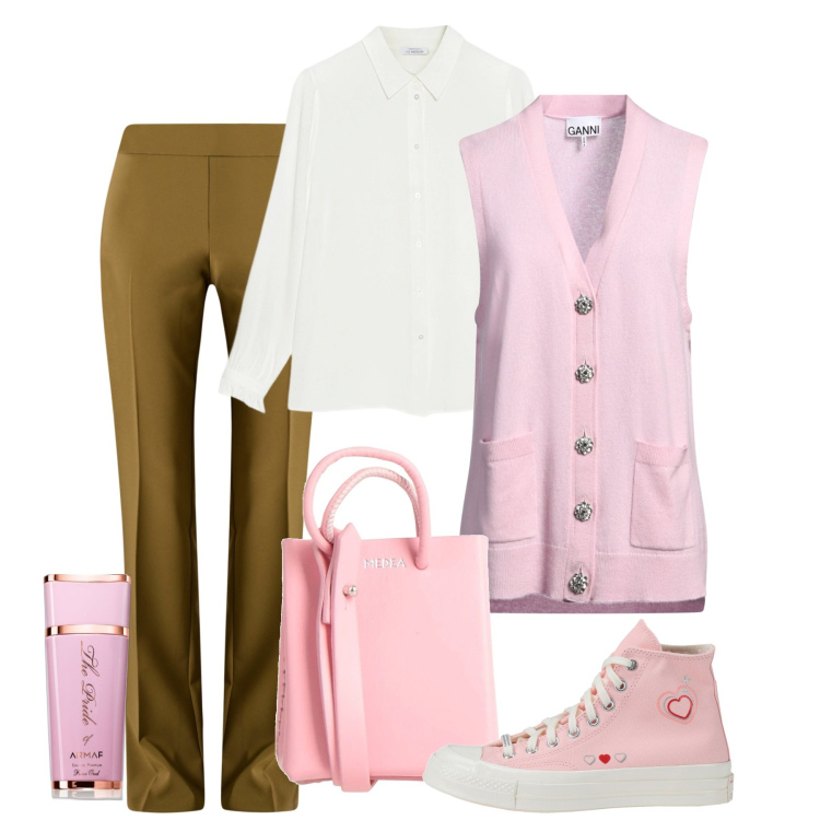 Outfit donna - I colori della rinascita - Focus Donna C. Stile Bon Ton per Tutti i giorni. Abbinamento con borse a spalla, cardigans, sneakers alte, profumi, pantaloni, camicie.