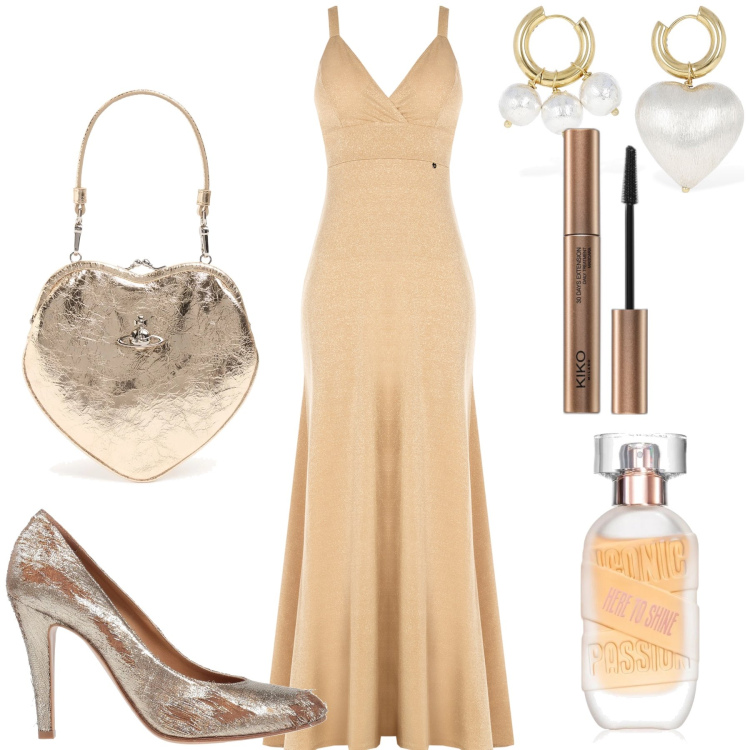 Outfit donna - Un cuore d oro. Stile Chic per Serata fuori. Abbinamento con décolleté, profumi, mascara, vestiti lunghi, orecchini, pochette.