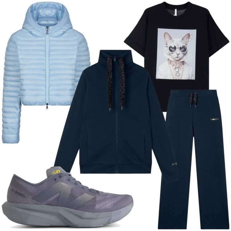 Outfit donna - Sporty chic. Stile Sporty chic per Sport. Abbinamento con sneakers, t-shirt, tute, piumini.