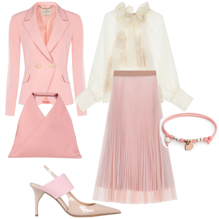 Outfit donna - Invito Bon ton. Stile Romantica per Cerimonia. Abbinamento con décolleté, borse a mano, gonne lunghe, bluse, blazer, braccialetti.