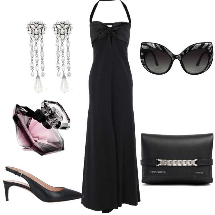 Outfit donna - Un po’ Audrey un po’ Coco. Stile Glamour per Serata fuori. Abbinamento con vestiti lunghi, occhiali da sole, décolleté, profumi, orecchini, pochette.