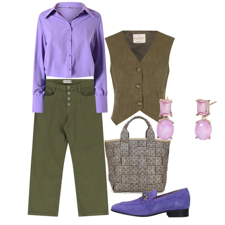 Outfit donna - I colori della rinascita - Focus Donna C. Stile Bon Ton per Ufficio. Abbinamento con mocassini, orecchini, camicie, gilet, pantaloni, borse a mano.
